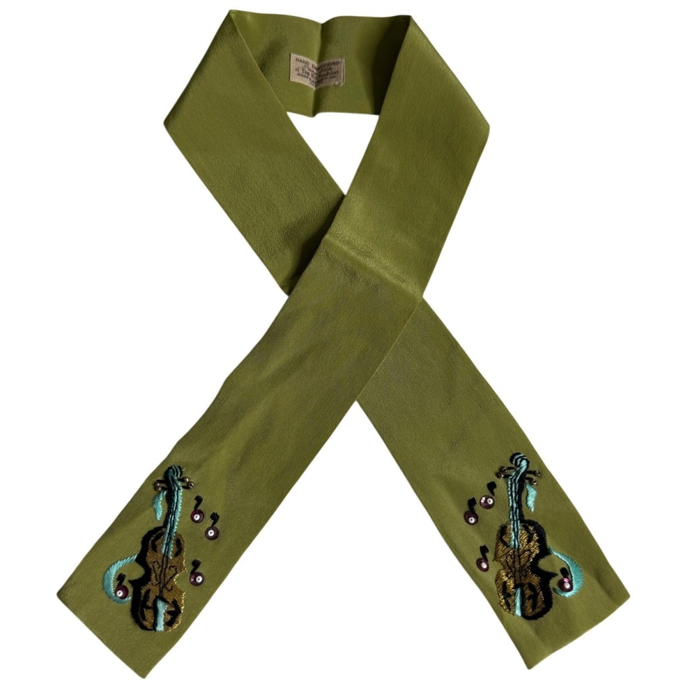 Vintage Silk Olive Green Hand Embroidered Violin Music Skinny Neck Scarf